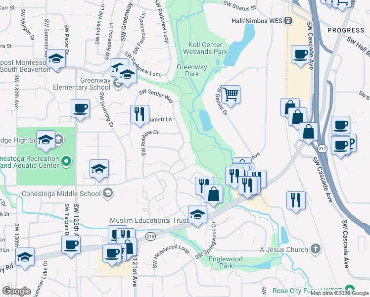 map of restaurants, bars, coffee shops, grocery stores, and more near 11555 Southwest Settler Way in Beaverton