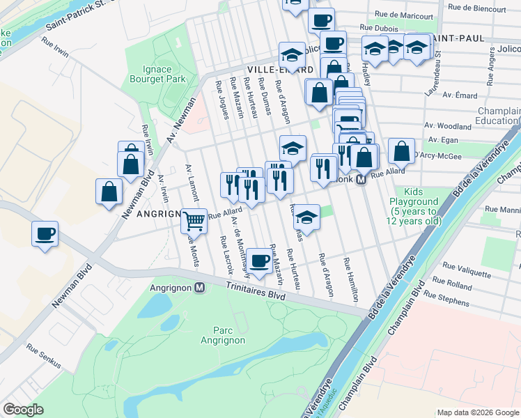 map of restaurants, bars, coffee shops, grocery stores, and more near 3000 Rue Allard in Montréal