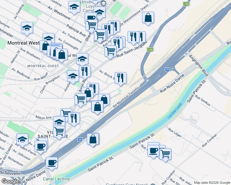 map of restaurants, bars, coffee shops, grocery stores, and more near 16 Promenade Ronald in Montréal-Ouest