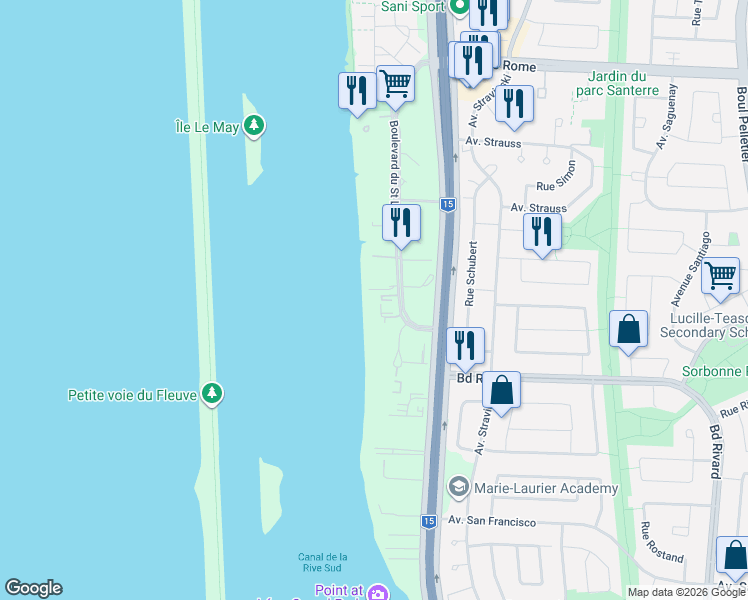 map of restaurants, bars, coffee shops, grocery stores, and more near 8300 Boulevard du Saint Laurent in Brossard