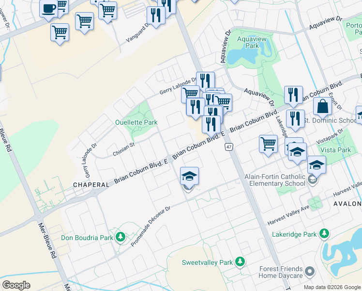 map of restaurants, bars, coffee shops, grocery stores, and more near 505 Rochefort Circle in Ottawa
