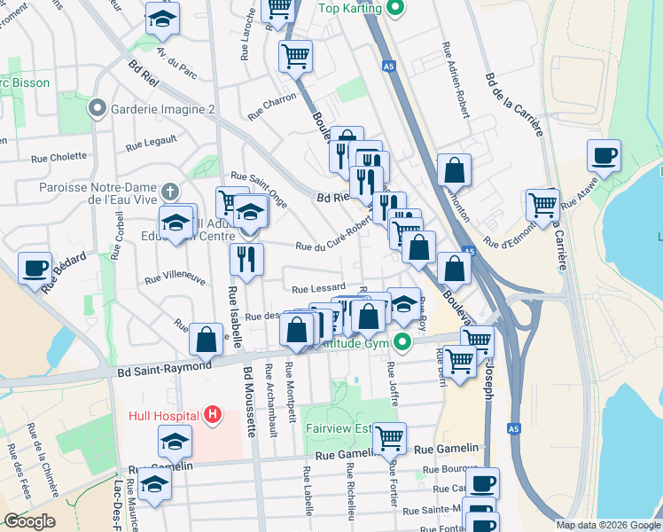 map of restaurants, bars, coffee shops, grocery stores, and more near 69 Rue Lessard in Gatineau
