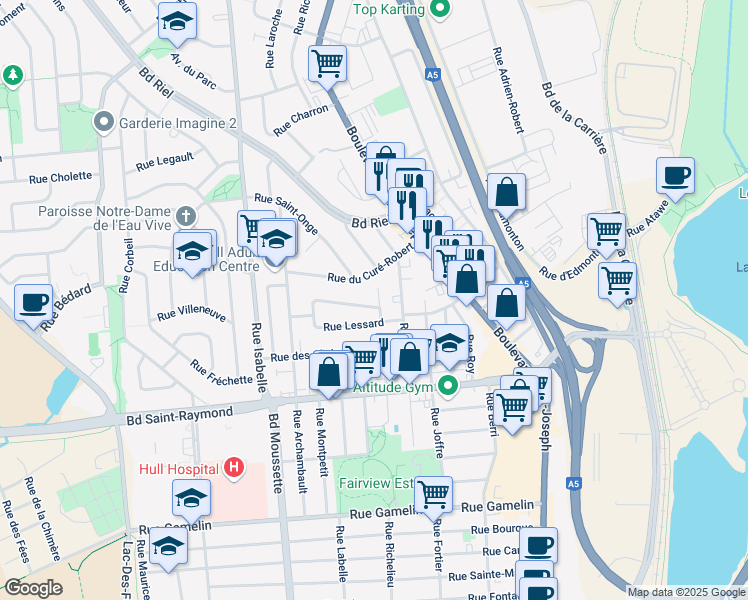 map of restaurants, bars, coffee shops, grocery stores, and more near 71 Rue Lessard in Gatineau