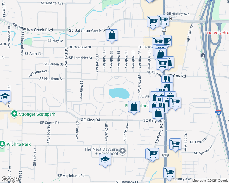 map of restaurants, bars, coffee shops, grocery stores, and more near 10400 Southeast Cook Court in Milwaukie