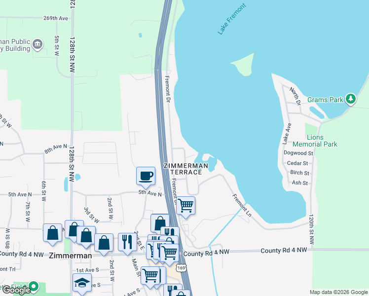 map of restaurants, bars, coffee shops, grocery stores, and more near 26453 Terrace Drive in Zimmerman