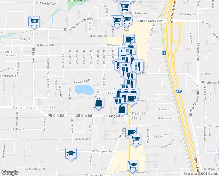 map of restaurants, bars, coffee shops, grocery stores, and more near 7949 Southeast Glencoe Road in Milwaukie