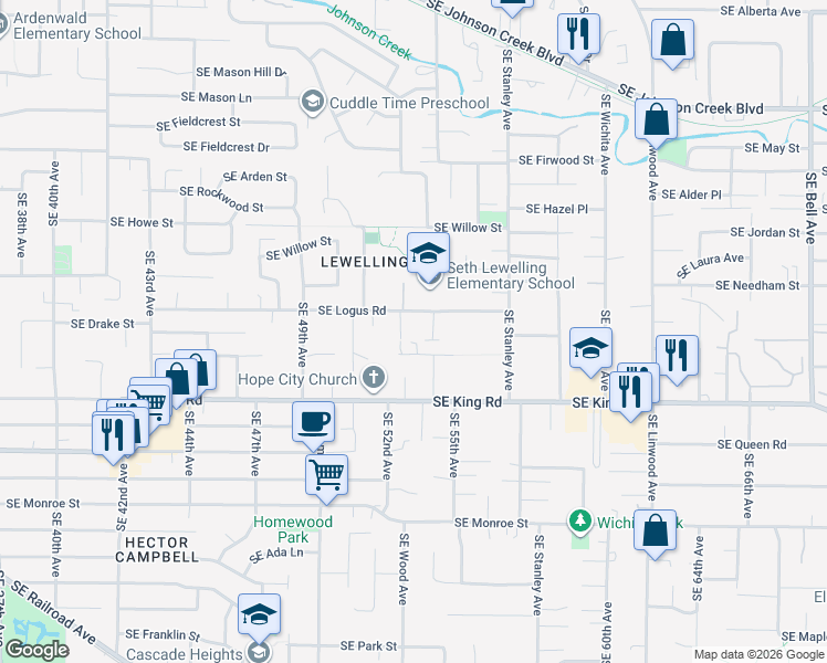map of restaurants, bars, coffee shops, grocery stores, and more near 5262 Southeast Logus Road in Milwaukie