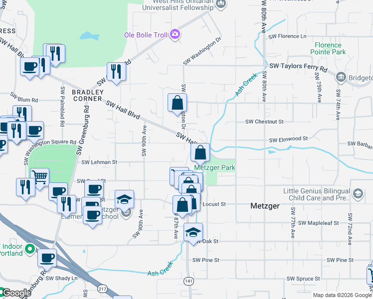 map of restaurants, bars, coffee shops, grocery stores, and more near 8684 SW Borders St in Portland