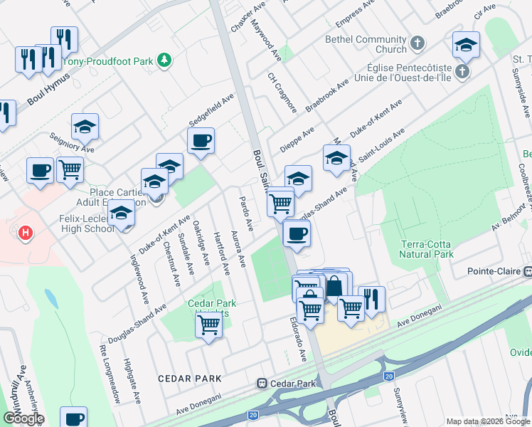 map of restaurants, bars, coffee shops, grocery stores, and more near 504 Boulevard Saint-Jean in Pointe-Claire