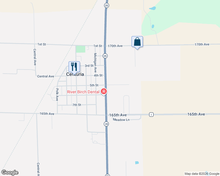 map of restaurants, bars, coffee shops, grocery stores, and more near 421 5th Street in Centuria
