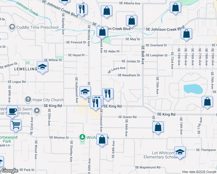map of restaurants, bars, coffee shops, grocery stores, and more near 6264 Southeast Steen Court in Portland