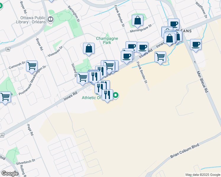map of restaurants, bars, coffee shops, grocery stores, and more near 3742 Innes Road in Ottawa