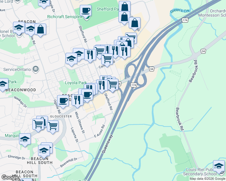 map of restaurants, bars, coffee shops, grocery stores, and more near 2200 Montréal Road in Ottawa