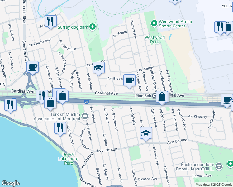 map of restaurants, bars, coffee shops, grocery stores, and more near 1825 Cardinal Avenue in Dorval