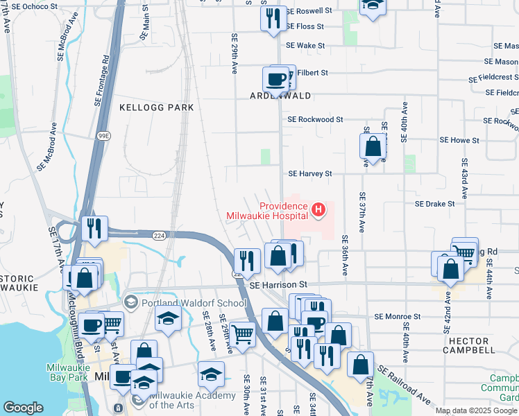 map of restaurants, bars, coffee shops, grocery stores, and more near 10282 Southeast Blossom Avenue in Portland