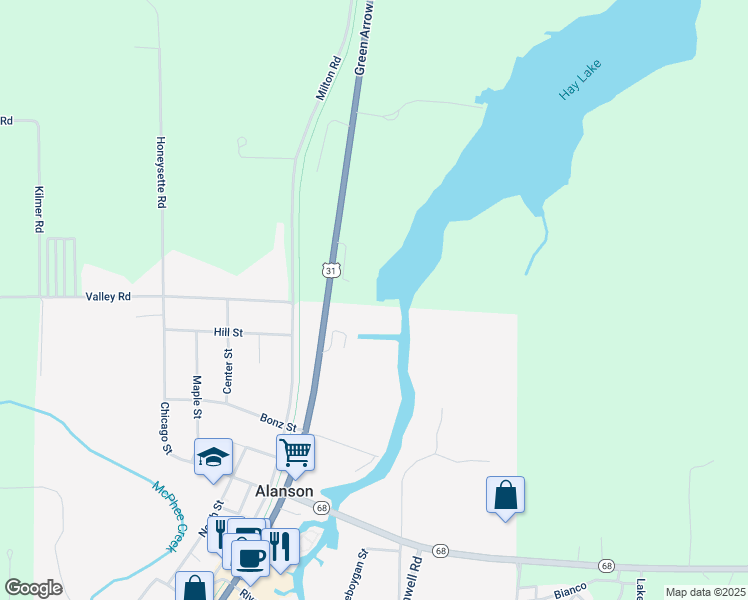 map of restaurants, bars, coffee shops, grocery stores, and more near 6999 U.S. 31 in Alanson