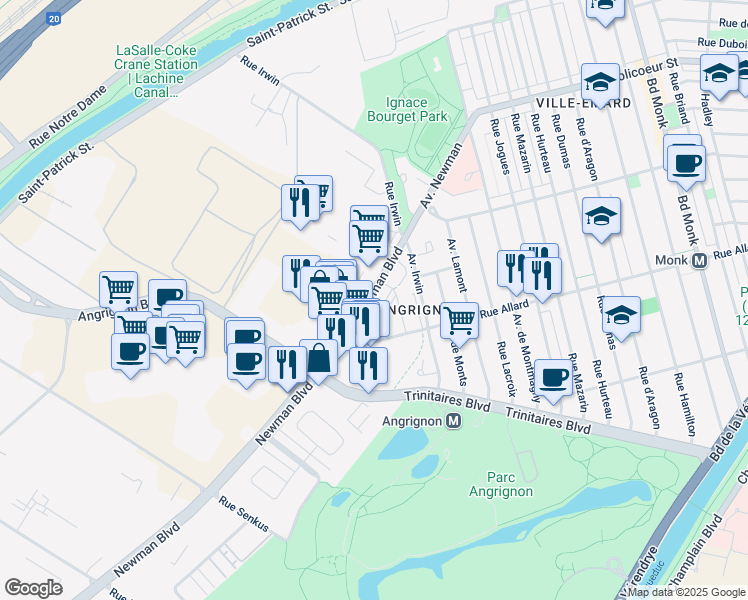 map of restaurants, bars, coffee shops, grocery stores, and more near 6848 Boulevard Newman in Montréal