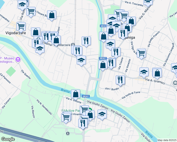 map of restaurants, bars, coffee shops, grocery stores, and more near 4A Via Cosme Tura in Padova