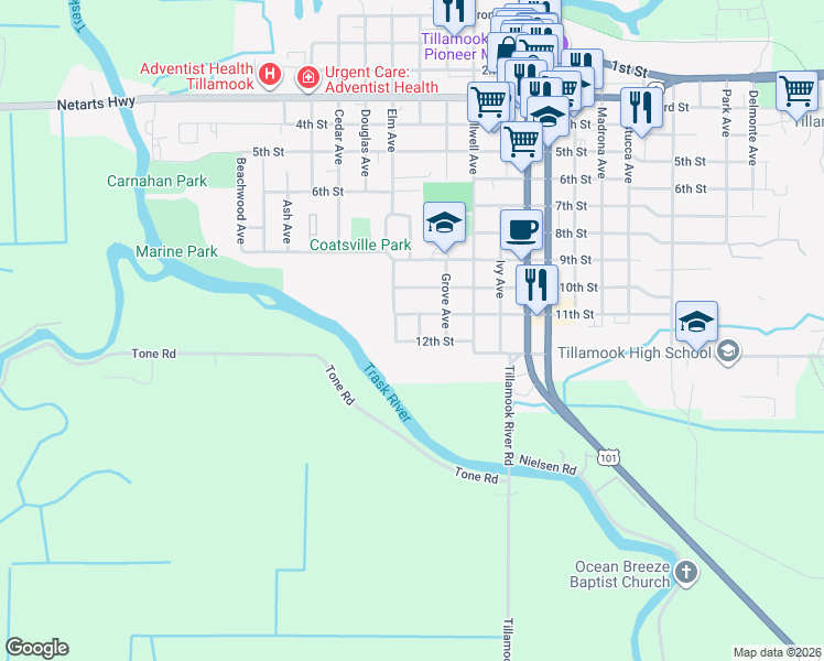 map of restaurants, bars, coffee shops, grocery stores, and more near 1103 Elm Avenue in Tillamook