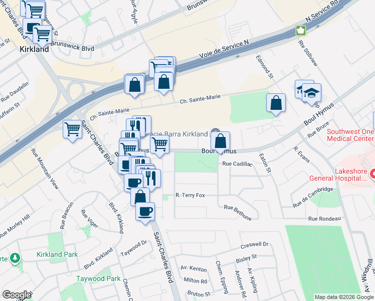 map of restaurants, bars, coffee shops, grocery stores, and more near Boulevard Hymus in Kirkland