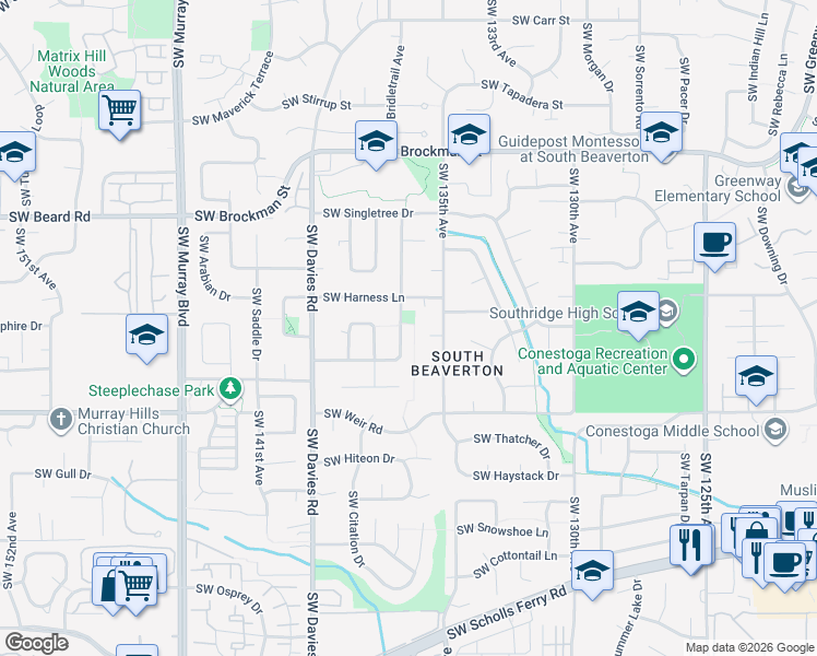map of restaurants, bars, coffee shops, grocery stores, and more near 9680 Southwest Buckskin Terrace in Beaverton