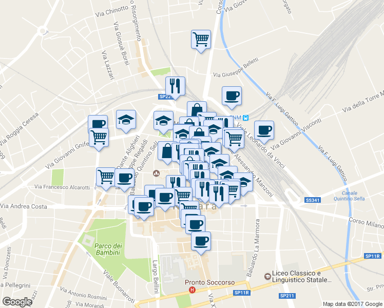map of restaurants, bars, coffee shops, grocery stores, and more near 5 Baluardo Quintino Sella in Novara