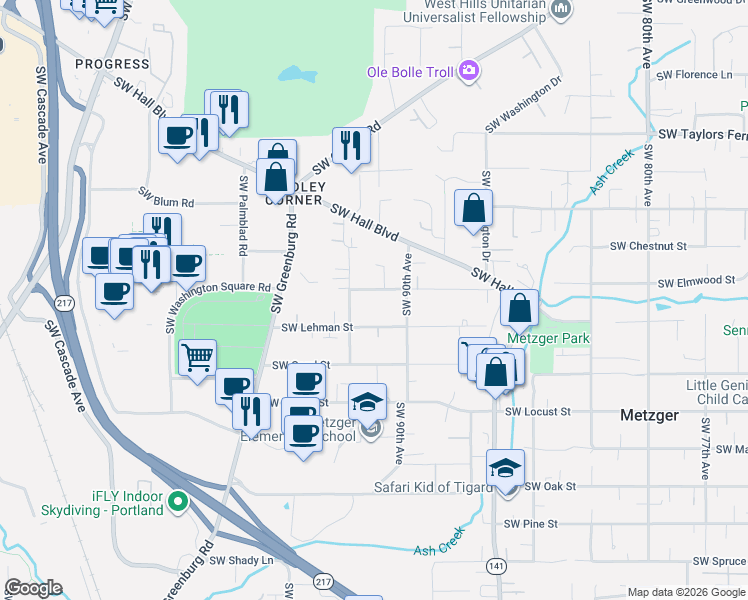 map of restaurants, bars, coffee shops, grocery stores, and more near 9130 Southwest Borders Street in Tigard