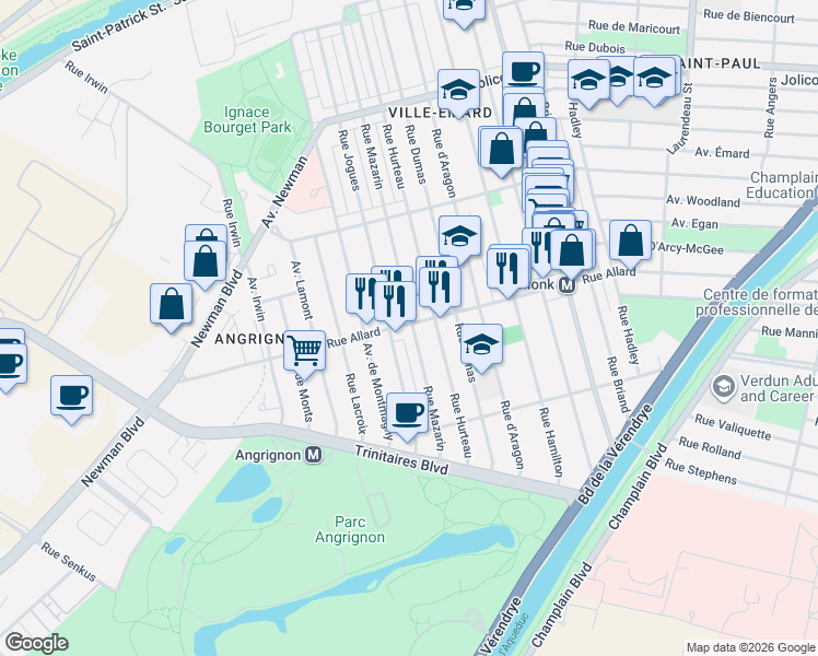 map of restaurants, bars, coffee shops, grocery stores, and more near 3000 Rue Allard in Montréal