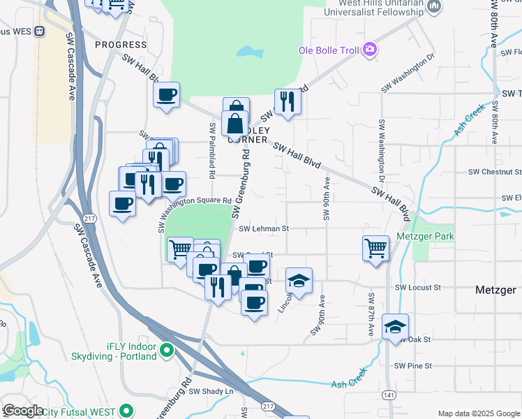 map of restaurants, bars, coffee shops, grocery stores, and more near 9660 Southwest Greenburg Road in Tigard