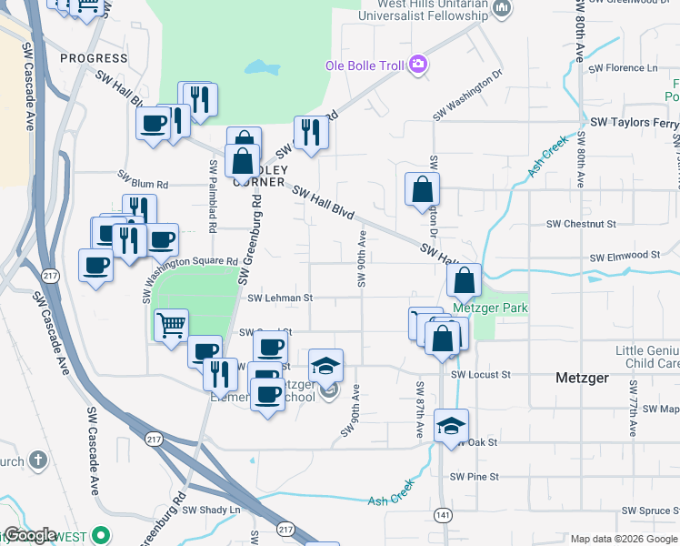 map of restaurants, bars, coffee shops, grocery stores, and more near 9120 Southwest Borders Street in Tigard