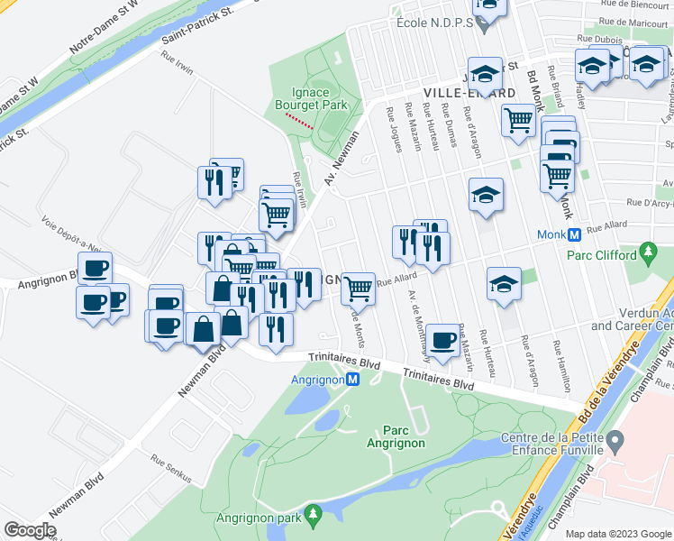 map of restaurants, bars, coffee shops, grocery stores, and more near 6671 Avenue de Monts in Montréal
