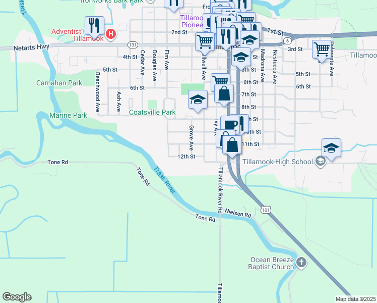 map of restaurants, bars, coffee shops, grocery stores, and more near 1110 Grove Avenue in Tillamook