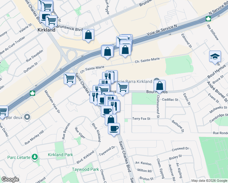 map of restaurants, bars, coffee shops, grocery stores, and more near Boulevard Hymus in Communauté-Urbaine-de-Montréal