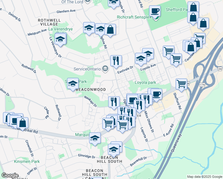 map of restaurants, bars, coffee shops, grocery stores, and more near 1639 Locksley Lane in Ottawa