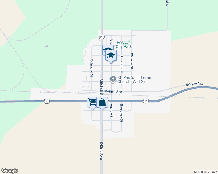 map of restaurants, bars, coffee shops, grocery stores, and more near 205 Andrew Street in Roscoe