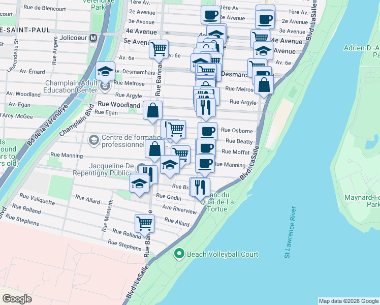map of restaurants, bars, coffee shops, grocery stores, and more near 656 Rue Moffat in Montréal