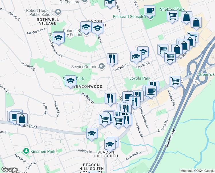 map of restaurants, bars, coffee shops, grocery stores, and more near 1637 Locksley Lane in Ottawa