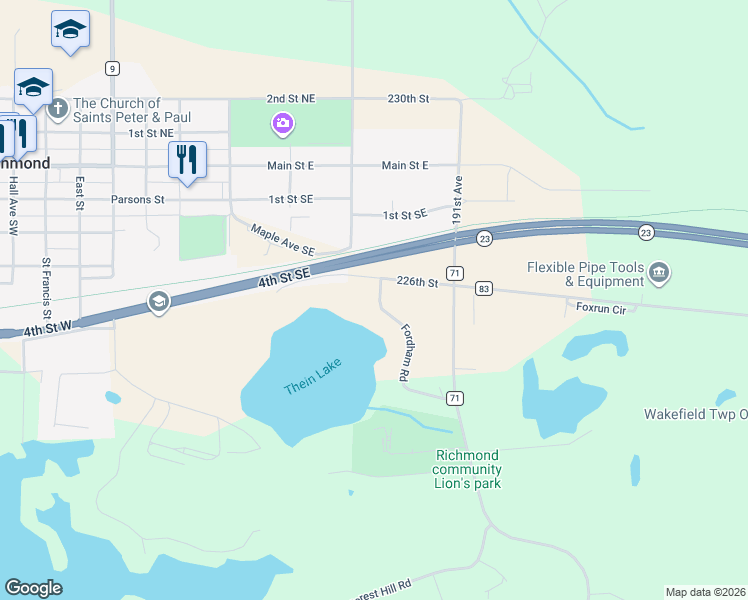 map of restaurants, bars, coffee shops, grocery stores, and more near 22579 Fordham Road in Richmond