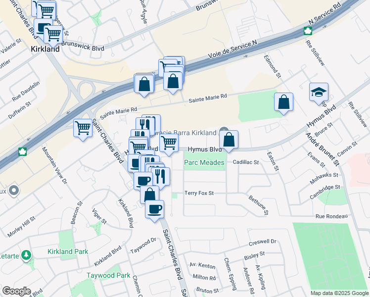 map of restaurants, bars, coffee shops, grocery stores, and more near 16867 Hymus Boulevard in Kirkland