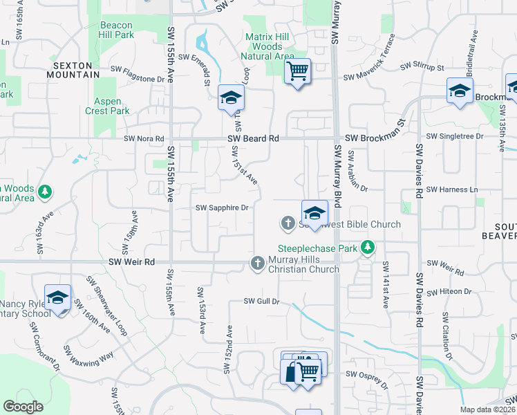 map of restaurants, bars, coffee shops, grocery stores, and more near 9640 Southwest 151st Avenue in Beaverton