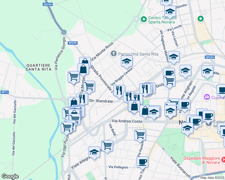 map of restaurants, bars, coffee shops, grocery stores, and more near 3 Via Valsesia in Novara