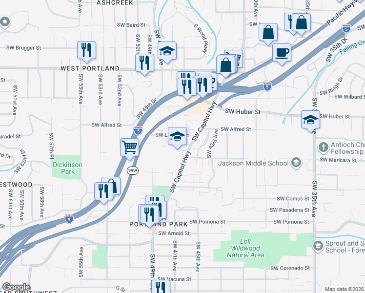 map of restaurants, bars, coffee shops, grocery stores, and more near 10445 Southwest Capitol Highway in Portland