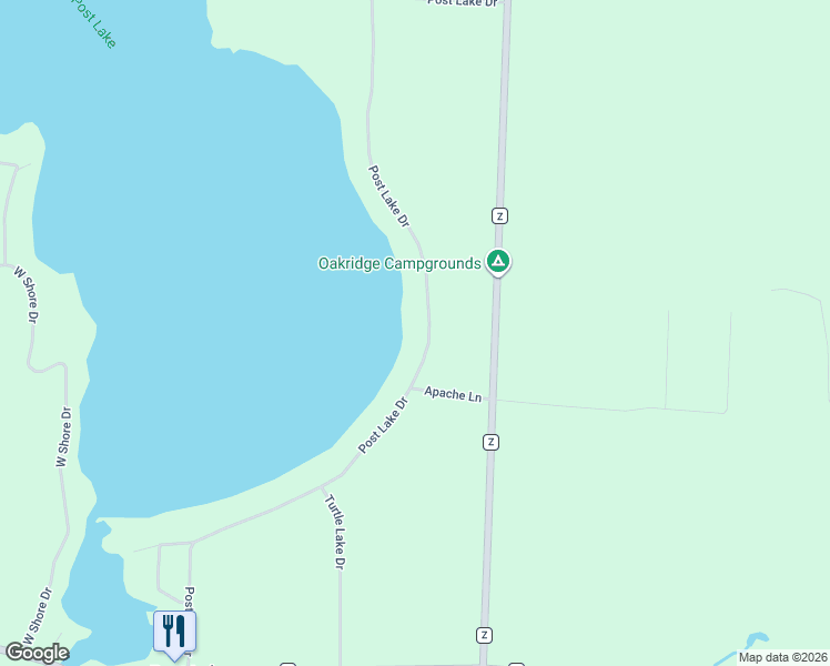 map of restaurants, bars, coffee shops, grocery stores, and more near N11642 Post Lake Drive in Elcho