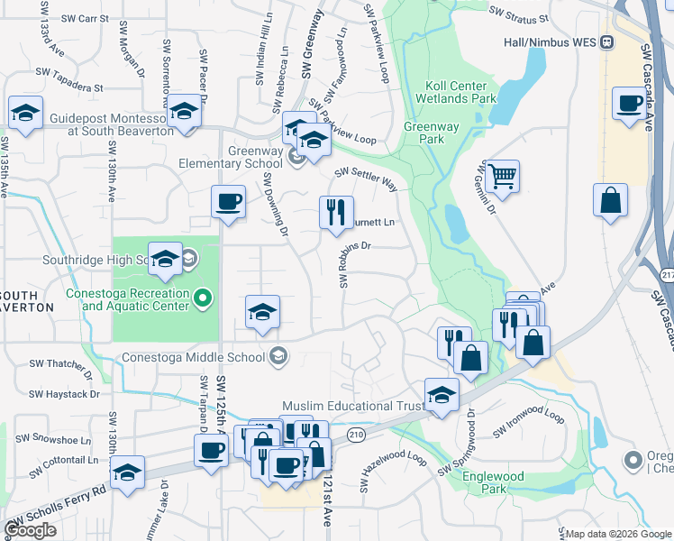 map of restaurants, bars, coffee shops, grocery stores, and more near 9640 Southwest Luelling Place in Beaverton