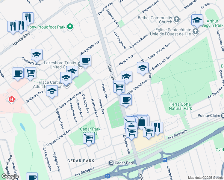 map of restaurants, bars, coffee shops, grocery stores, and more near 504 Boulevard Saint-Jean in Pointe-Claire