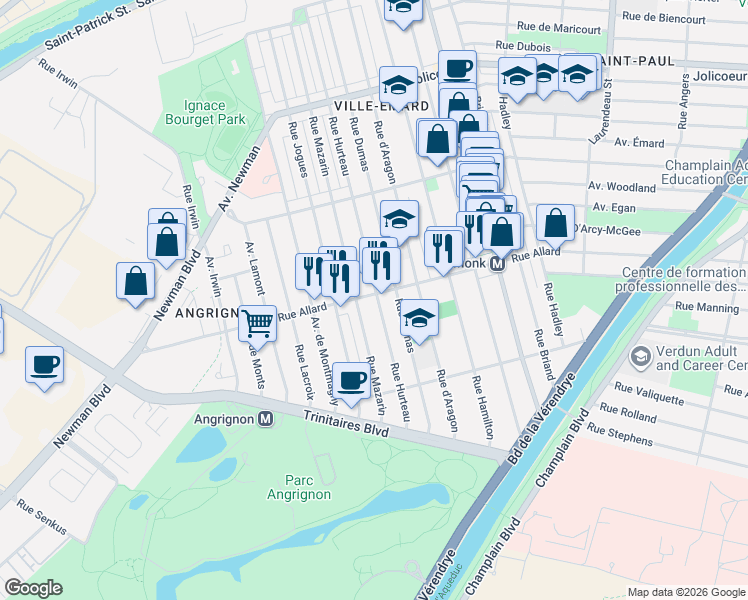 map of restaurants, bars, coffee shops, grocery stores, and more near 2900 Rue Allard in Montréal