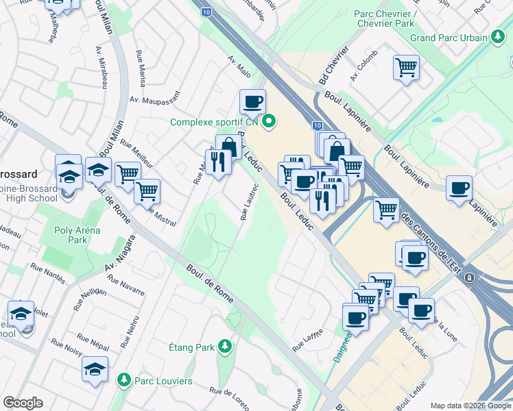 map of restaurants, bars, coffee shops, grocery stores, and more near 7585 Rue Lautrec in Brossard