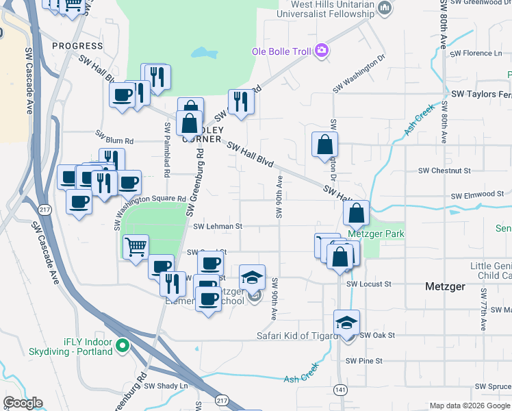 map of restaurants, bars, coffee shops, grocery stores, and more near 9120 Southwest Borders Street in Tigard
