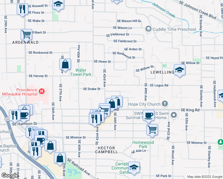 map of restaurants, bars, coffee shops, grocery stores, and more near 4315 Southeast Rhodesa Street in Milwaukie