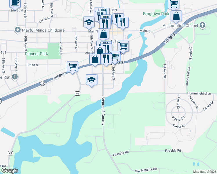 map of restaurants, bars, coffee shops, grocery stores, and more near 305 5th Street South in Cold Spring